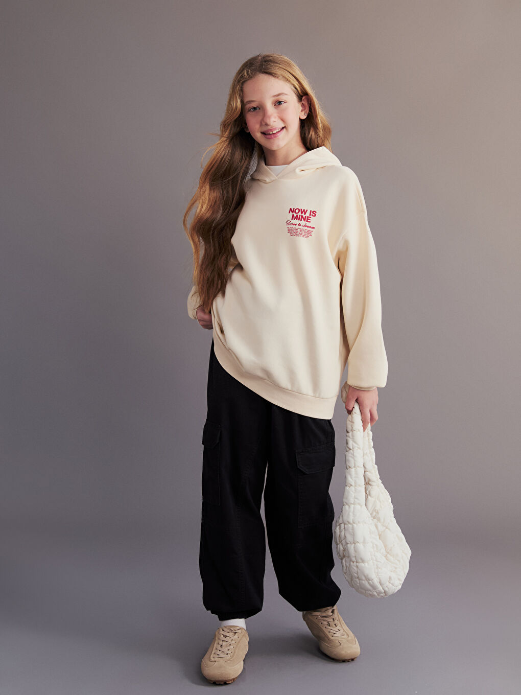 Bej Kapüşonlu Kız Çocuk Kalın Sweatshirt-1