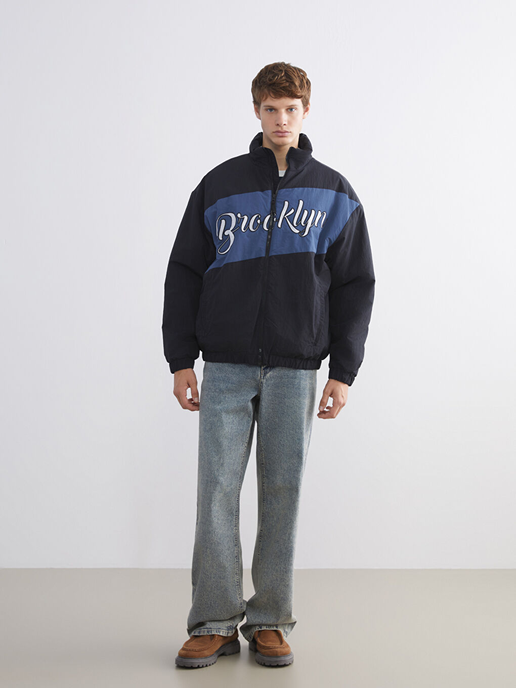 Siyah Rahat Kalıp Dik Yaka Erkek Mont-1