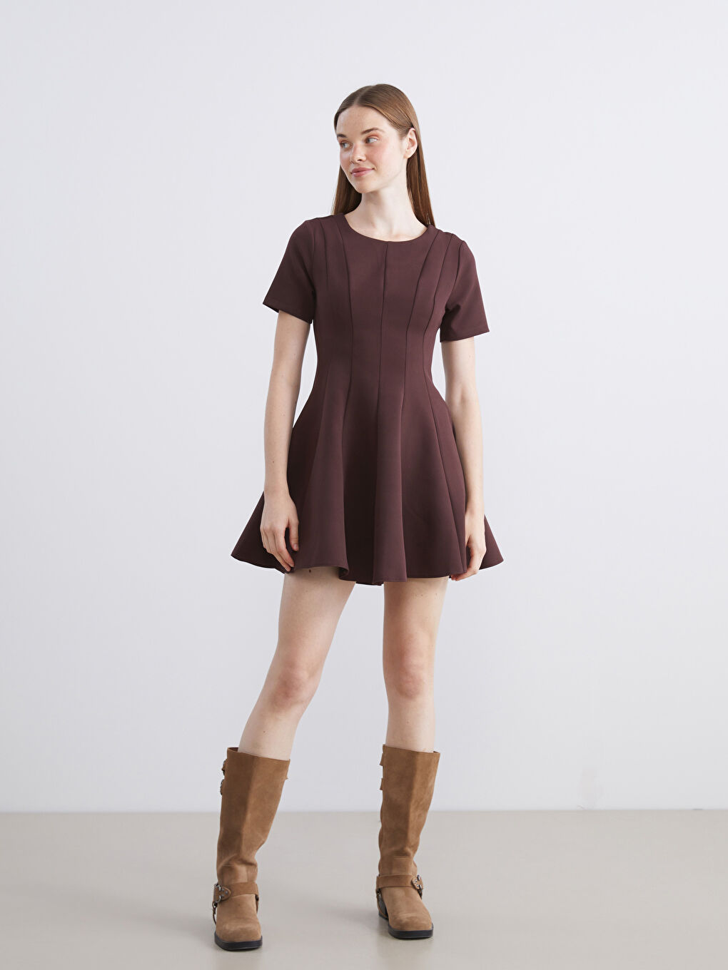 Bordo Bisiklet Yaka Peplum Mini Elbise-2