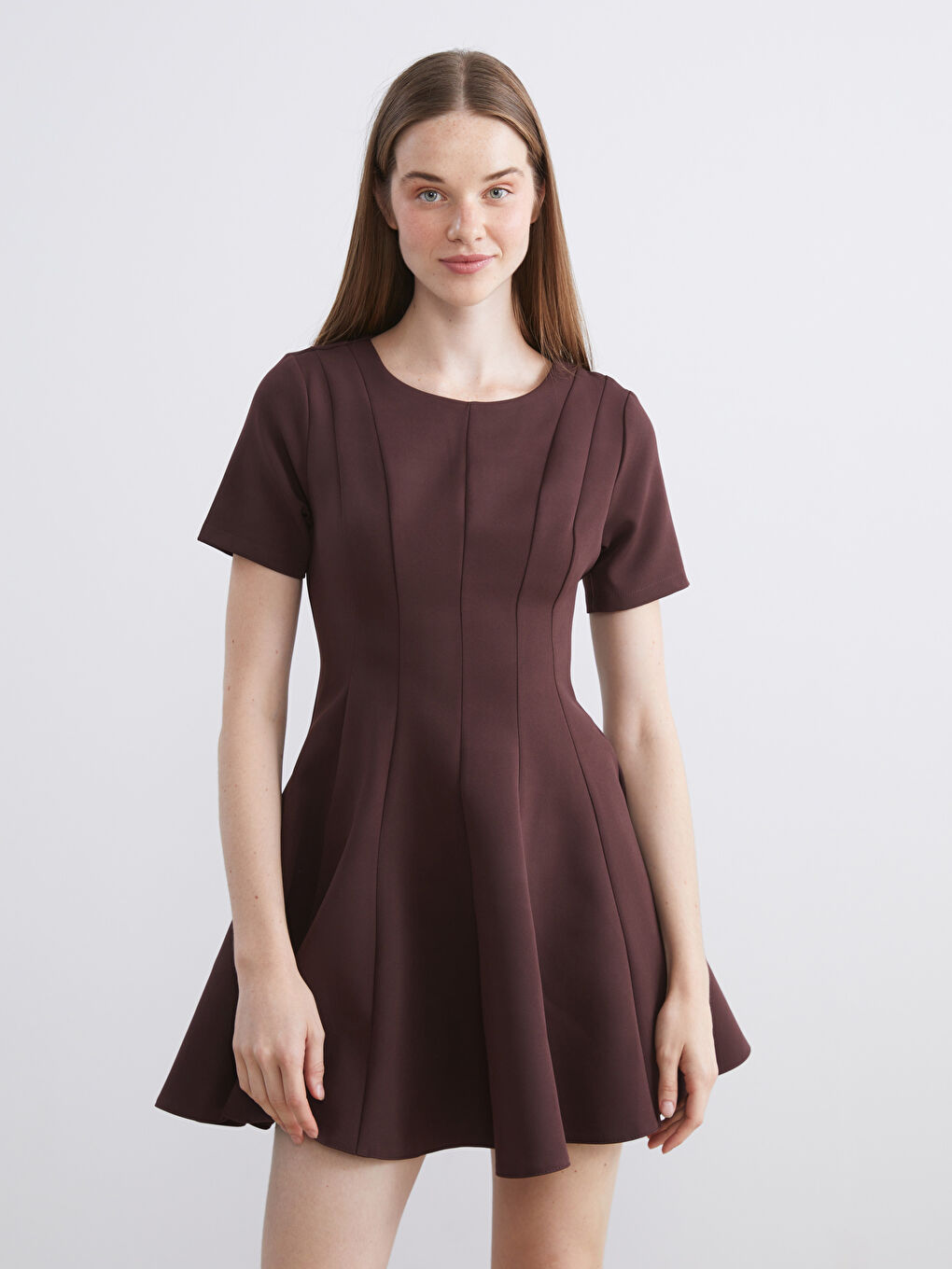 Bordo Bisiklet Yaka Peplum Mini Elbise-3