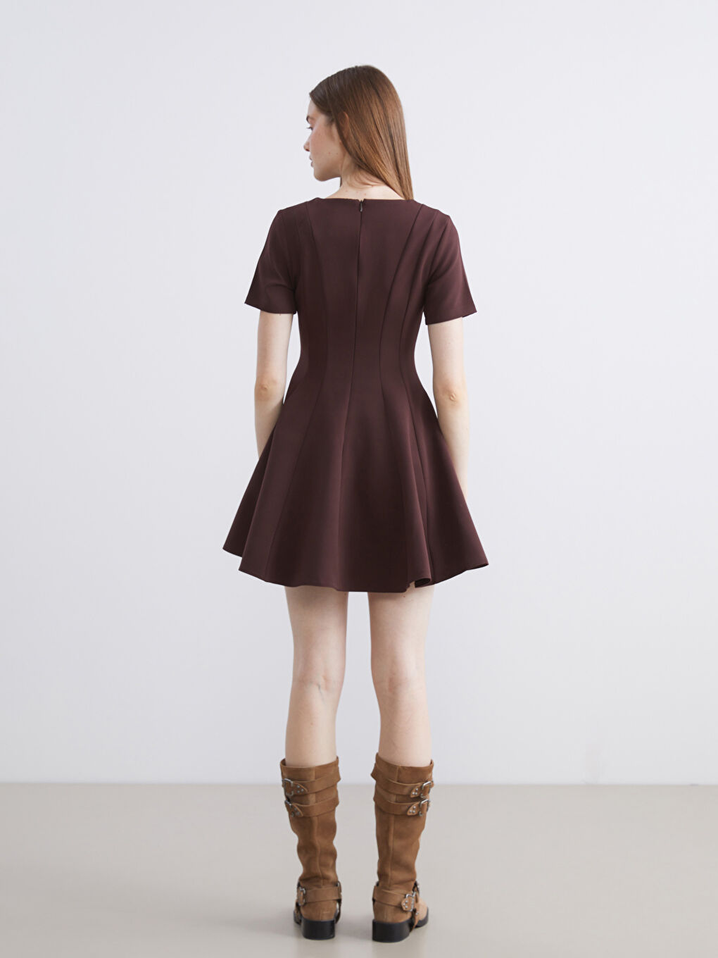 Bordo Bisiklet Yaka Peplum Mini Elbise-5