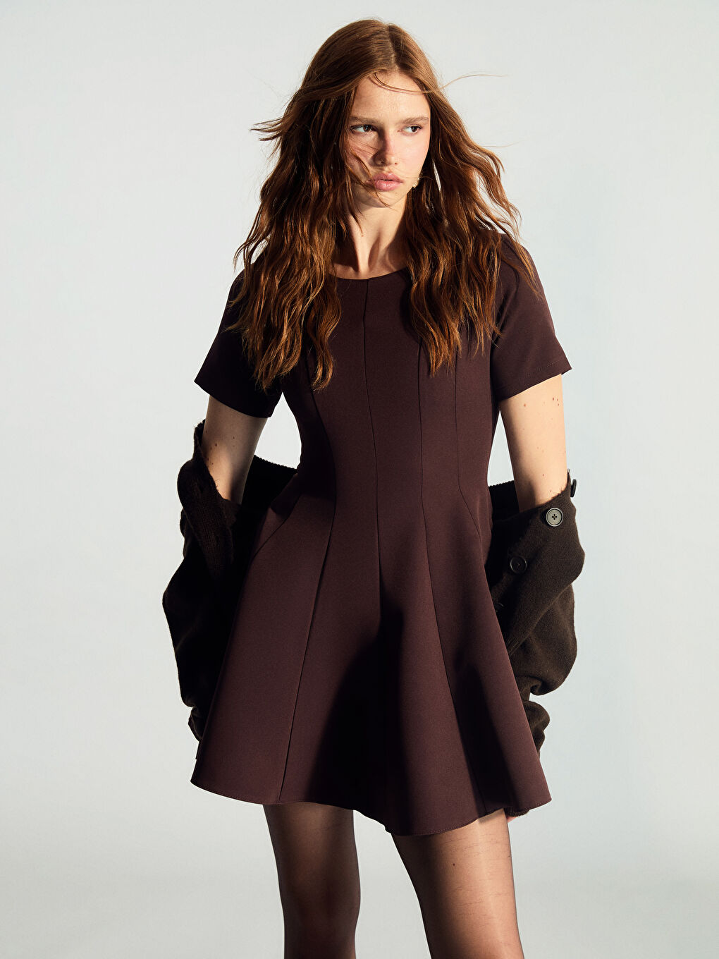 Bordo Bisiklet Yaka Peplum Mini Elbise-1