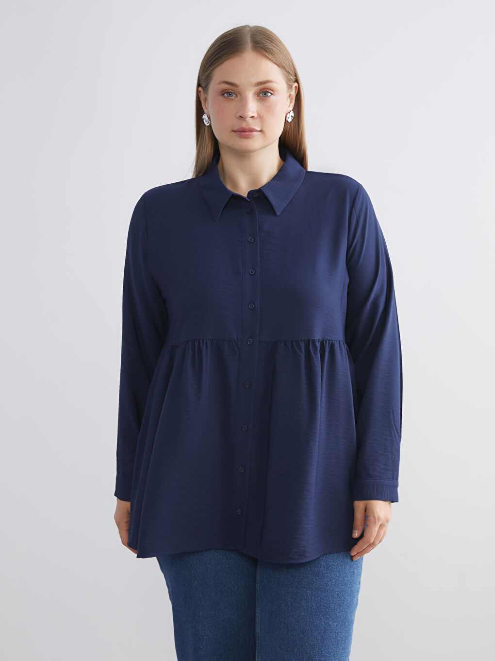 Lacivert Pileli Kadın Gömlek Tunik