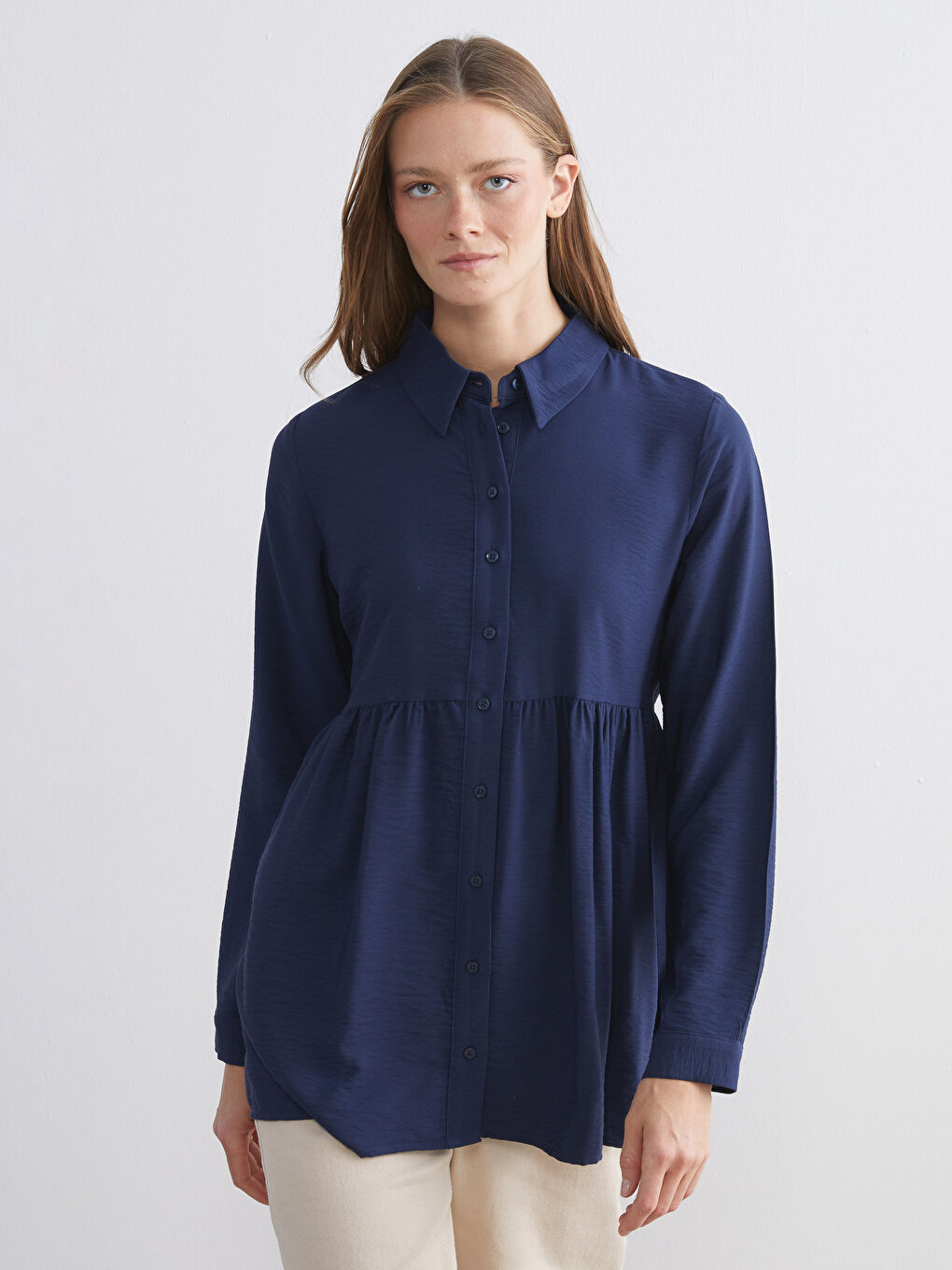 Lacivert Pileli Kadın Gömlek Tunik-1