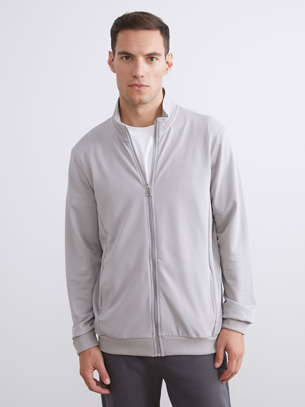 Gri Rahat Kalıp Dik Yaka Erkek Fermuarlı Sweatshirt