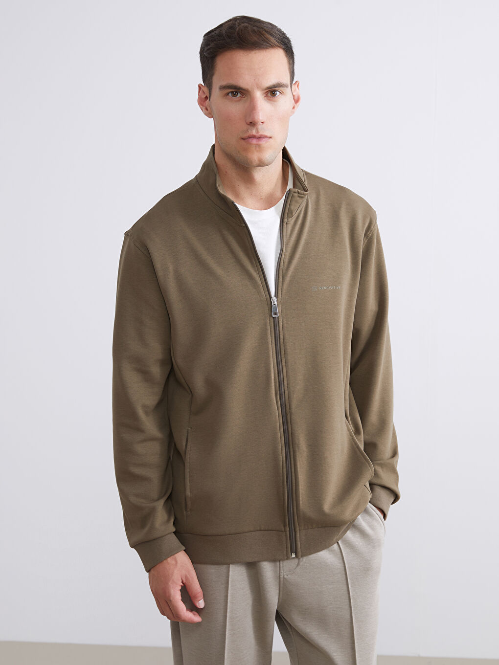 Haki Rahat Kalıp Dik Yaka Erkek Fermuarlı Sweatshirt