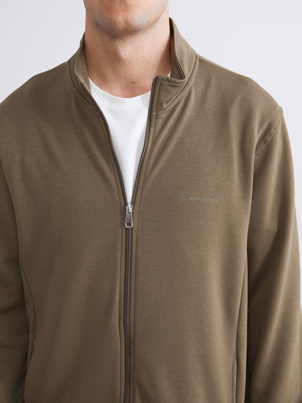 Haki Rahat Kalıp Dik Yaka Erkek Fermuarlı Sweatshirt-2