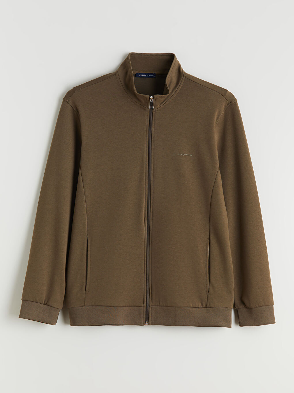 Haki Rahat Kalıp Dik Yaka Erkek Fermuarlı Sweatshirt-4