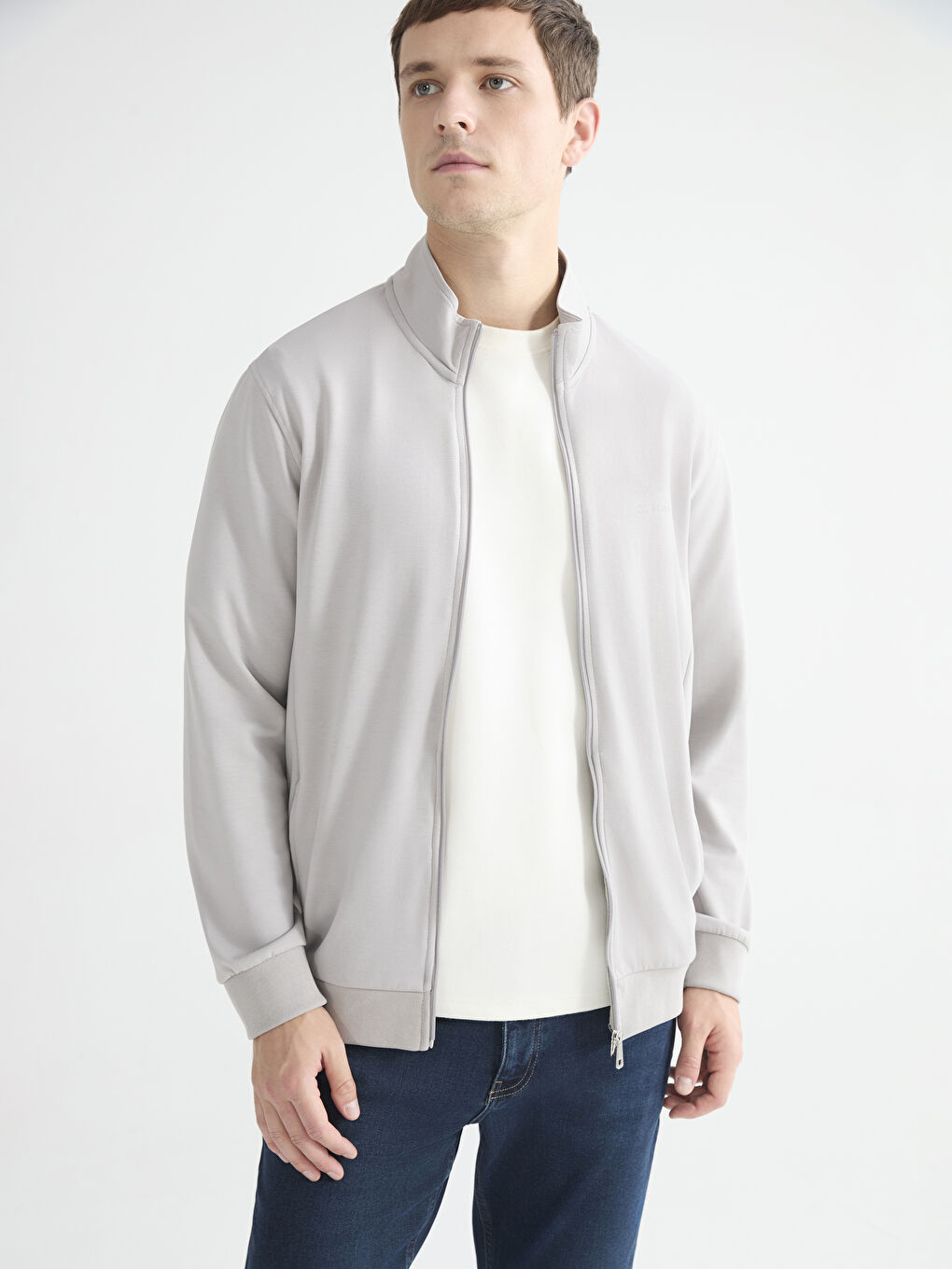 Gri Rahat Kalıp Dik Yaka Erkek Fermuarlı Sweatshirt-1