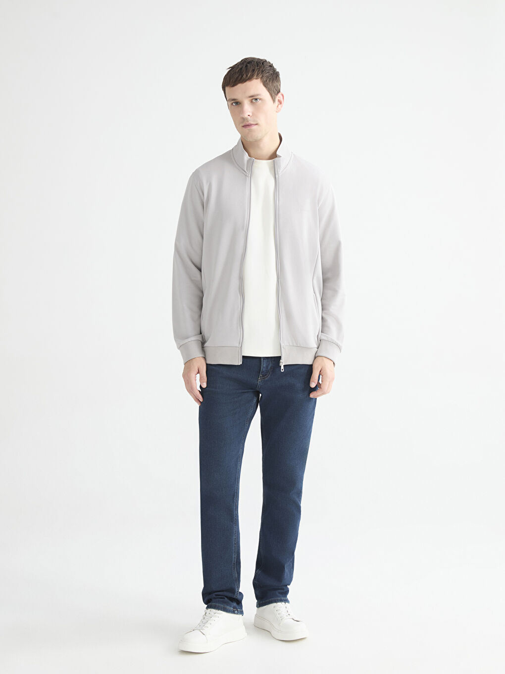 Gri Rahat Kalıp Dik Yaka Erkek Fermuarlı Sweatshirt-2