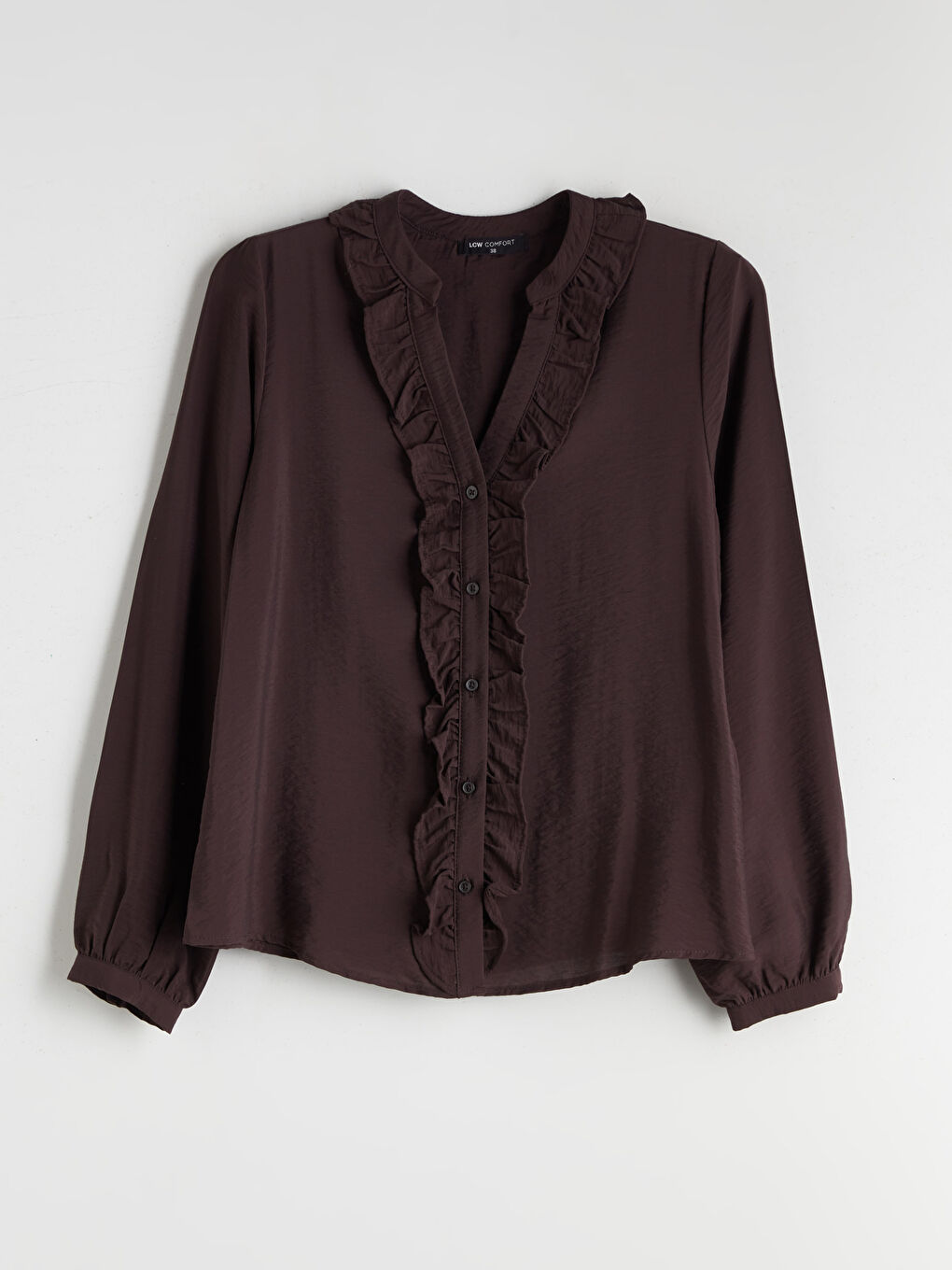 Kahverengi V Yaka Fırfırlı Kadın Gömlek-4