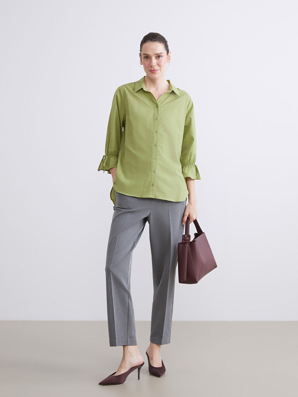 Yeşil Regular Fit Fırfırlı Kadın Gömlek-2