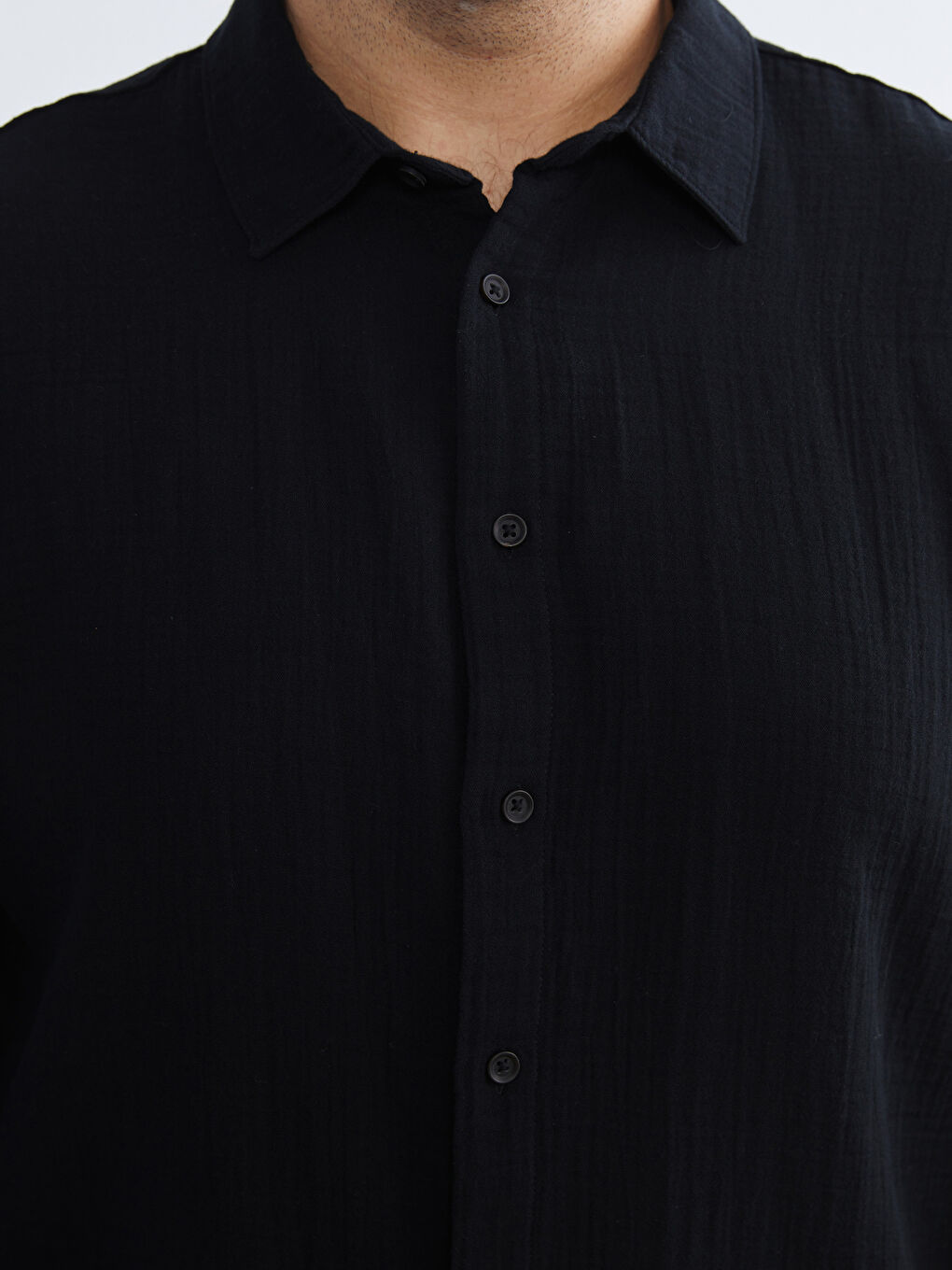 Siyah Büyük Beden Rahat Kalıp Uzun Kollu Müslin Erkek Gömlek-6