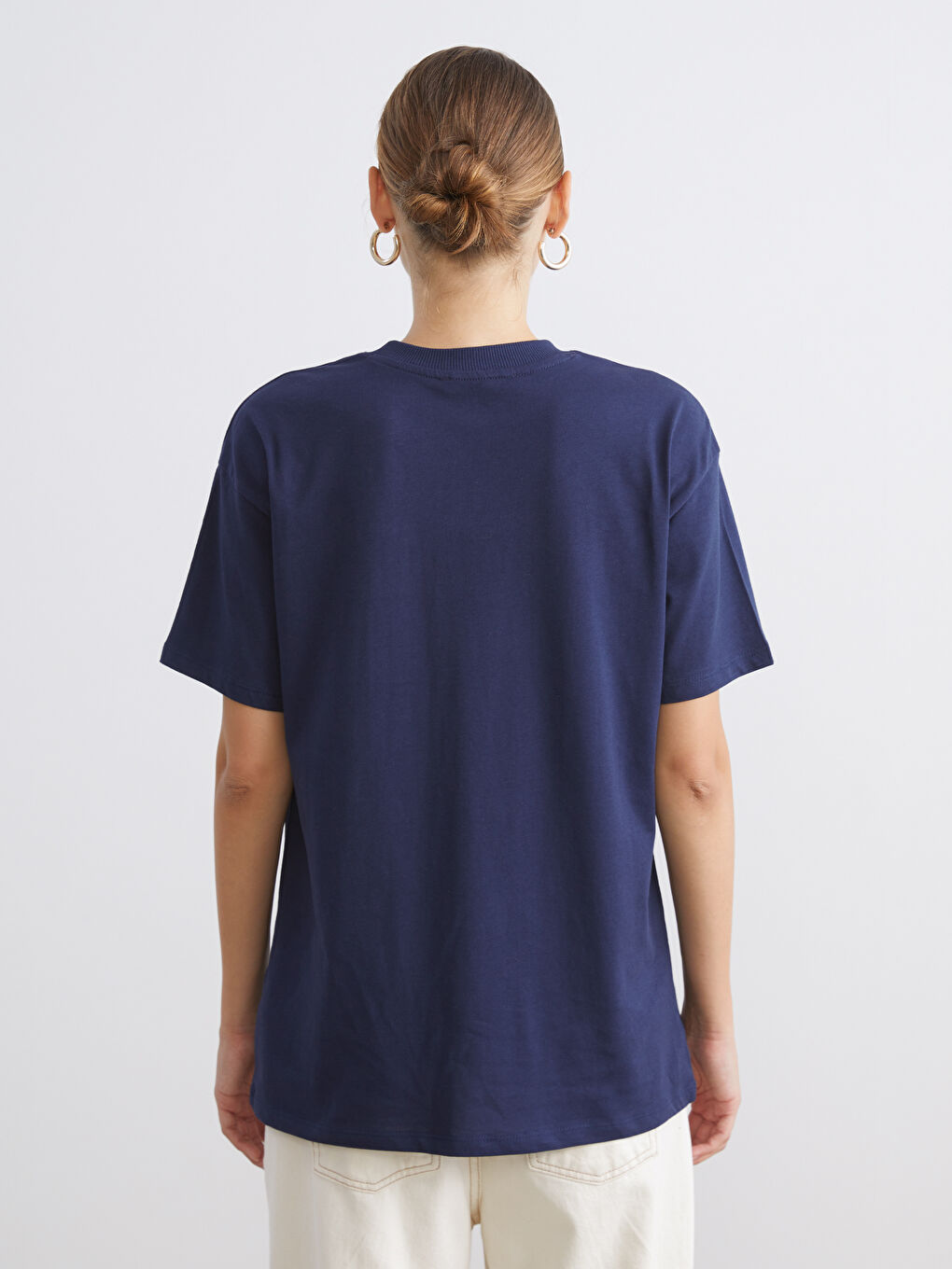 Lacivert Bisiklet Yaka Baskılı Kadın Tişört-3