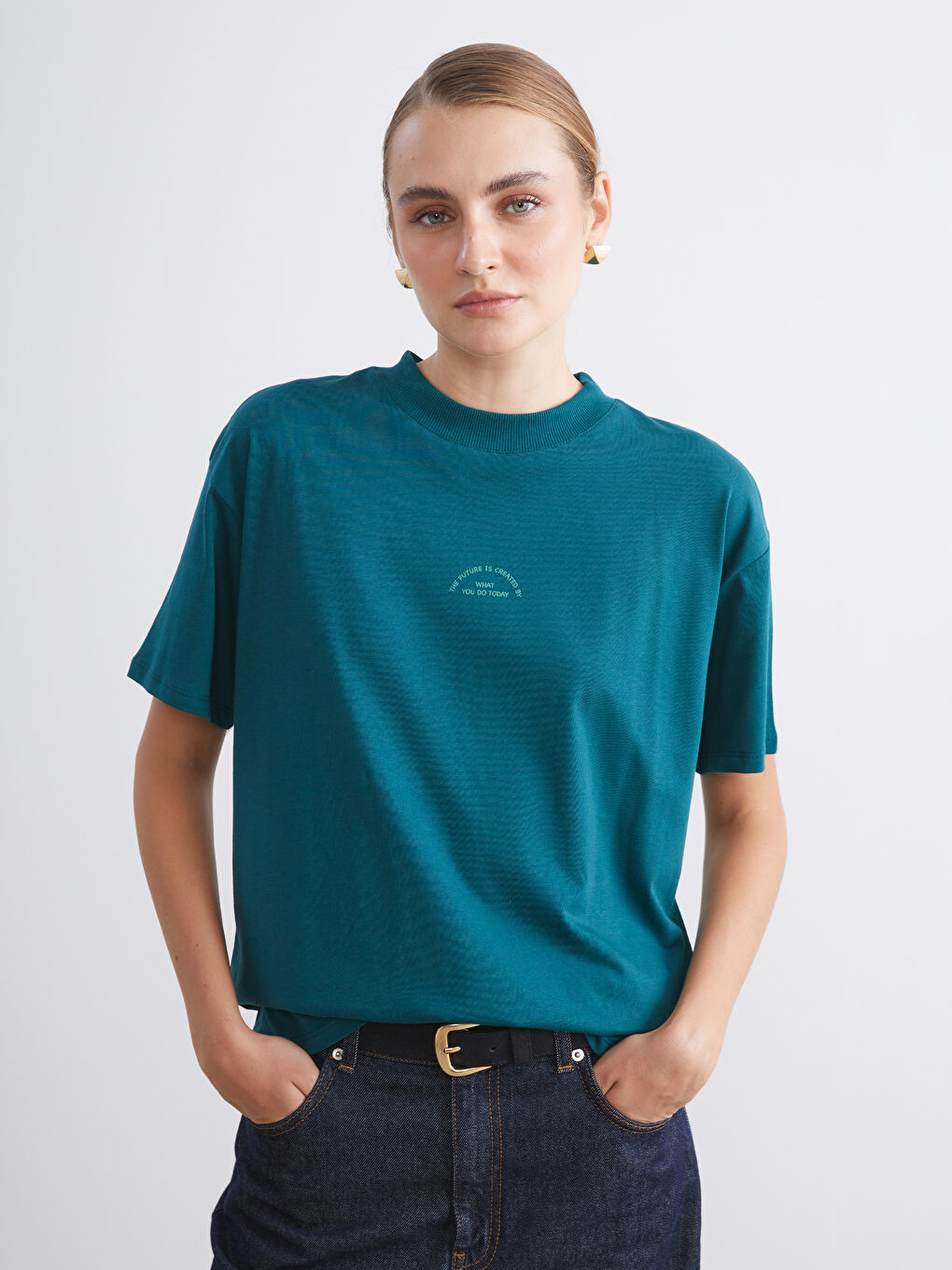 Petrol Bisiklet Yaka Baskılı Kadın Tişört