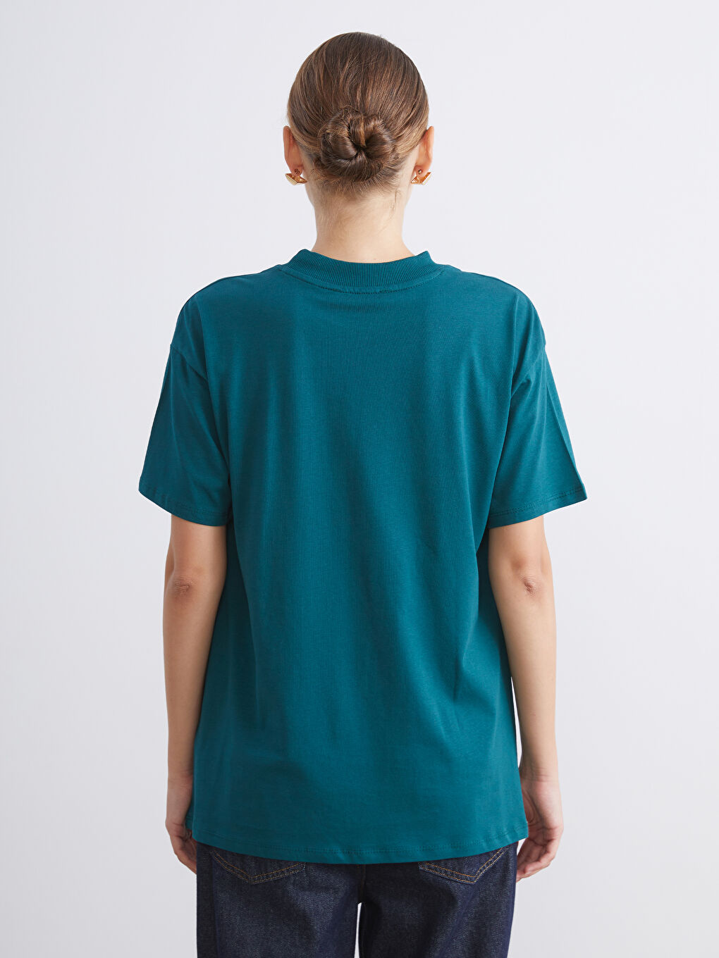 Petrol Bisiklet Yaka Baskılı Kadın Tişört-3