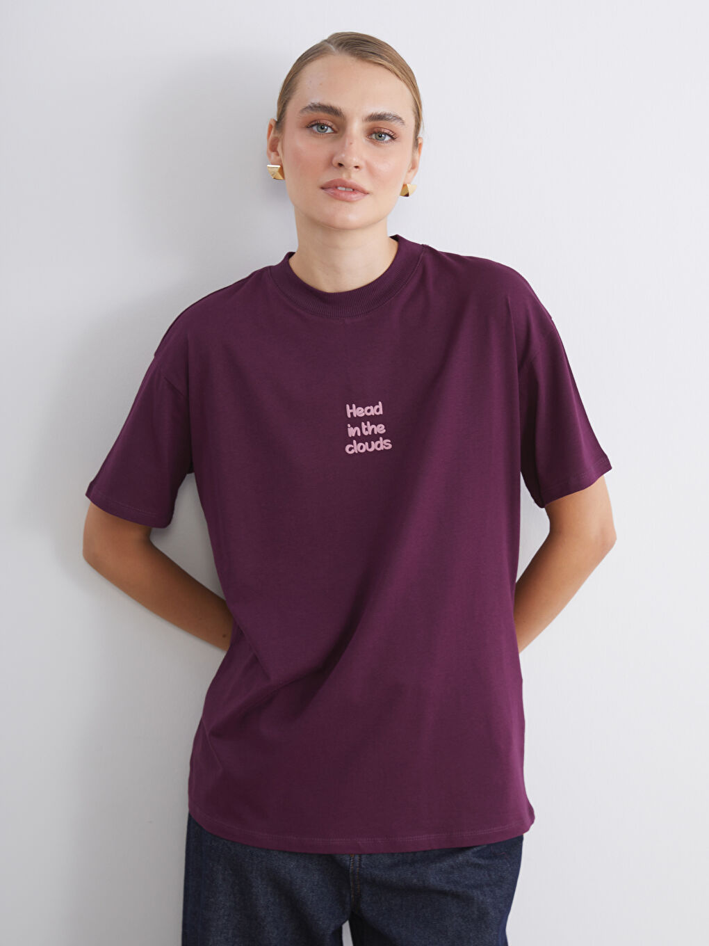 Mor Bisiklet Yaka Baskılı Kadın Tişört