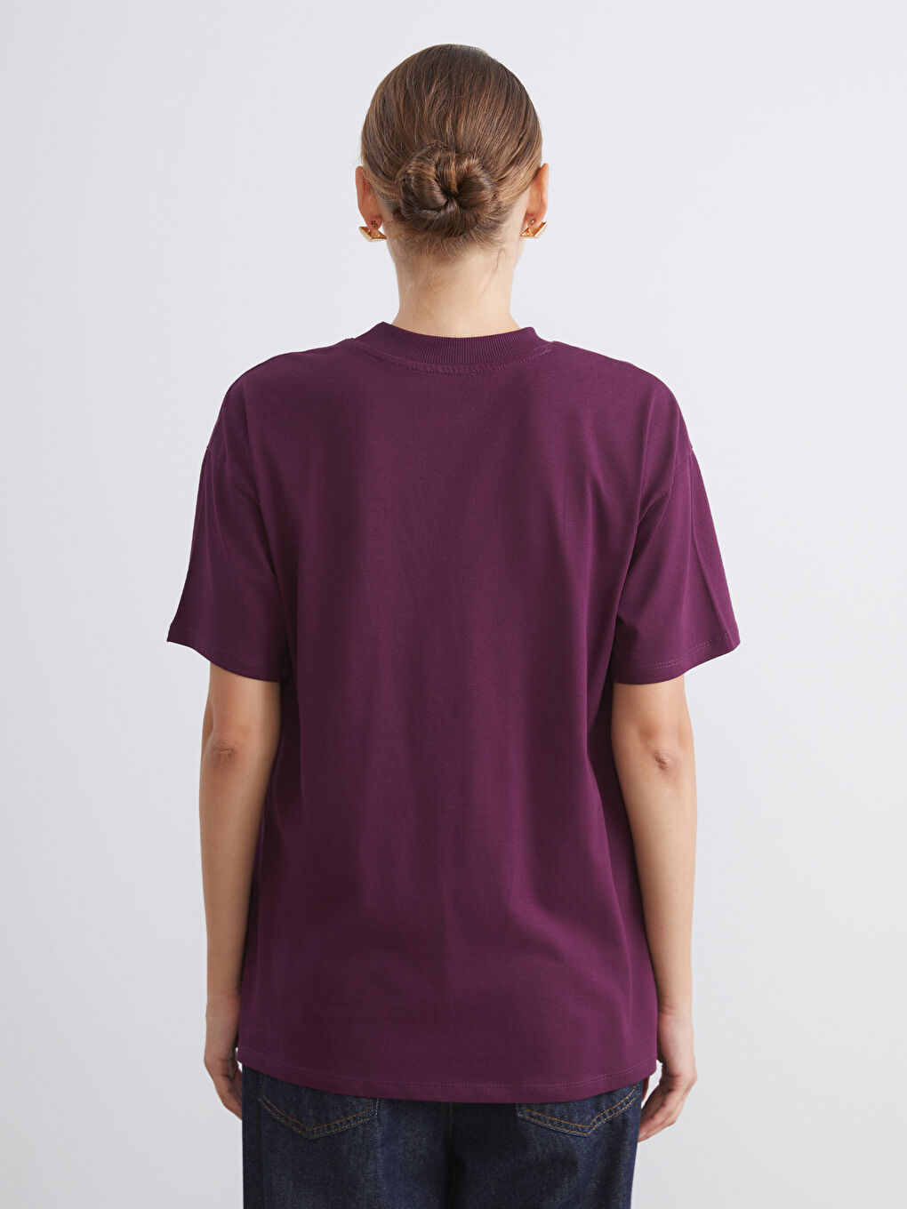 Mor Bisiklet Yaka Baskılı Kadın Tişört-3