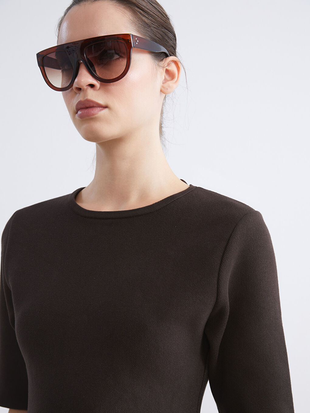 Kahverengi Bisiklet Yaka Peplum Kadın Triko Kazak-2