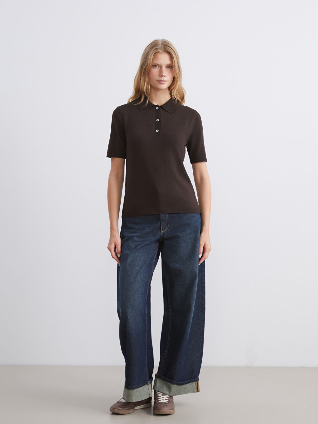 Kahverengi Polo Yaka Kadın Triko Kazak-1