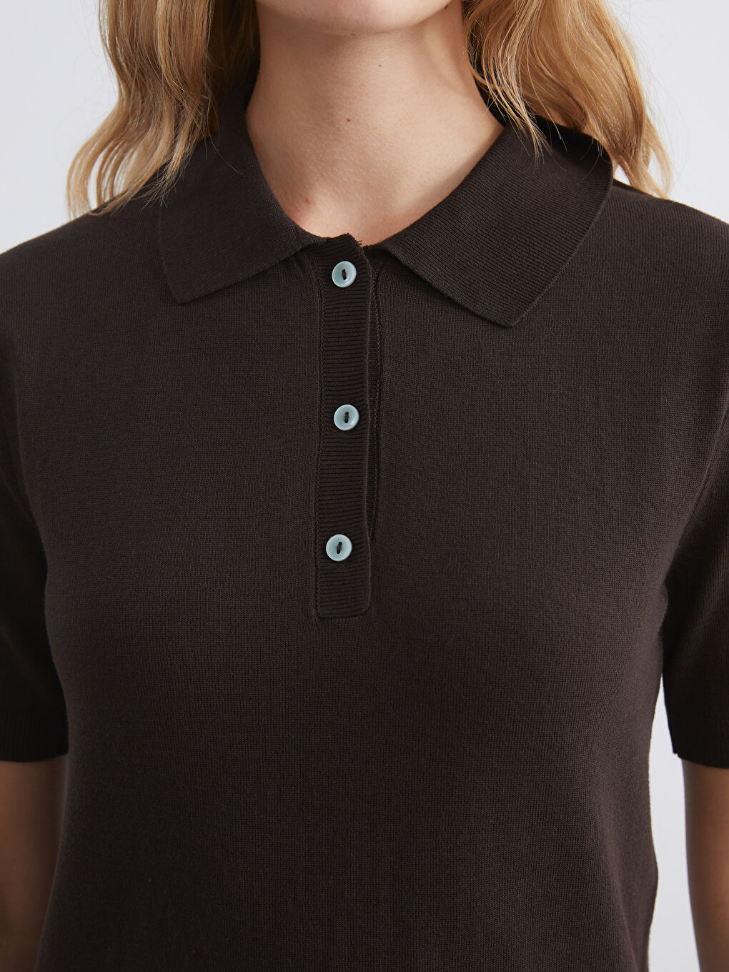 Kahverengi Polo Yaka Kadın Triko Kazak-2