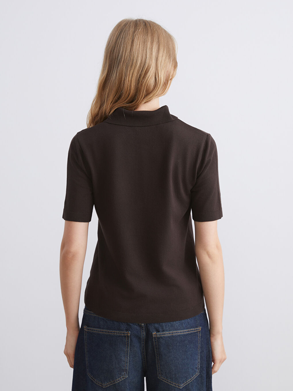 Kahverengi Polo Yaka Kadın Triko Kazak-3