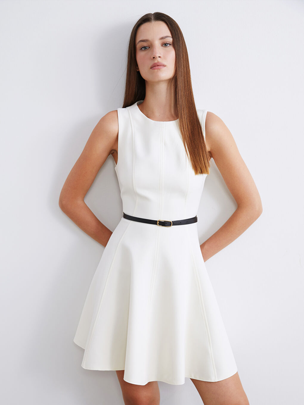 Ekru Bisiklet Yaka Belden Oturtmalı Elbise-1