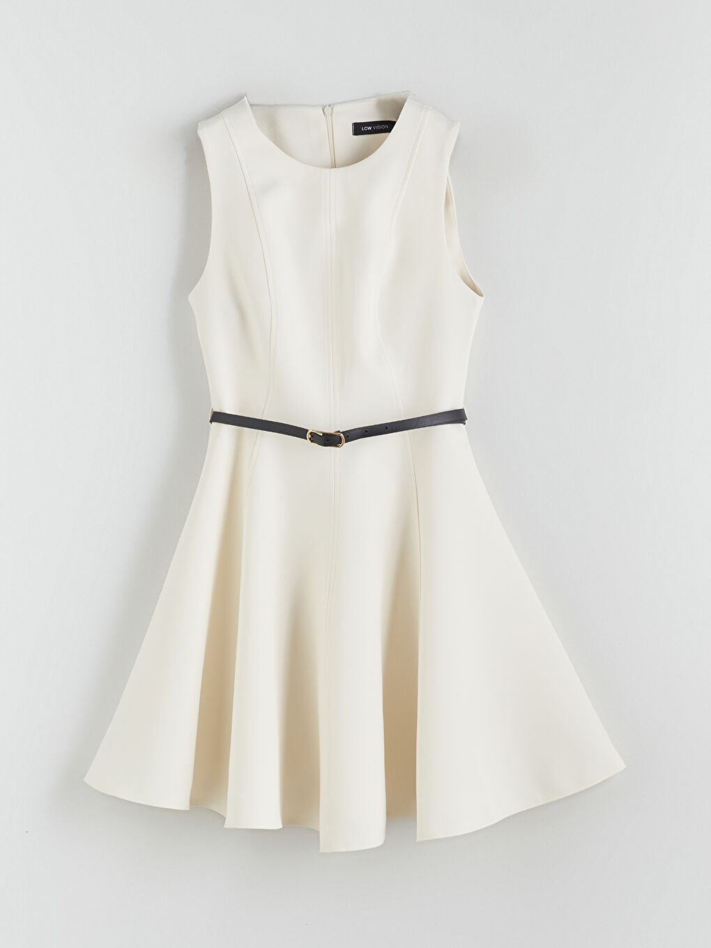 Ekru Bisiklet Yaka Belden Oturtmalı Elbise-4