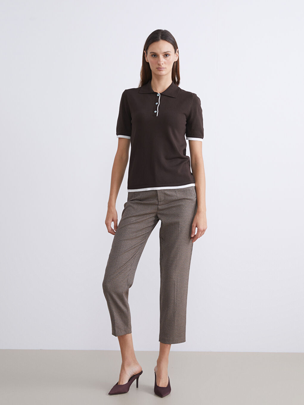 Kahverengi Polo Yaka Kadın Triko Kazak-1