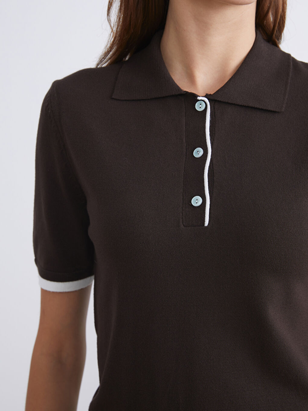 Kahverengi Polo Yaka Kadın Triko Kazak-2