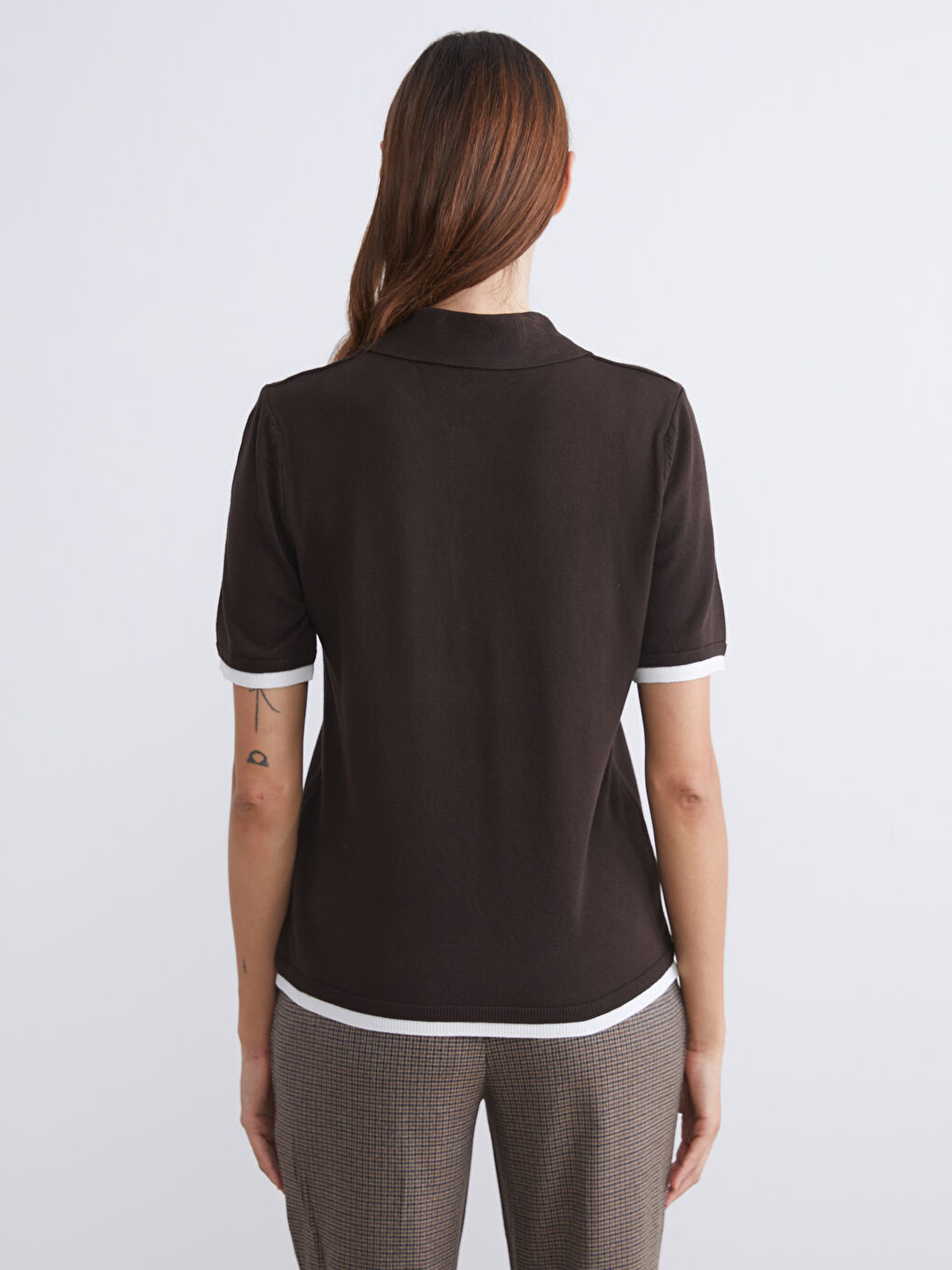 Kahverengi Polo Yaka Kadın Triko Kazak-3