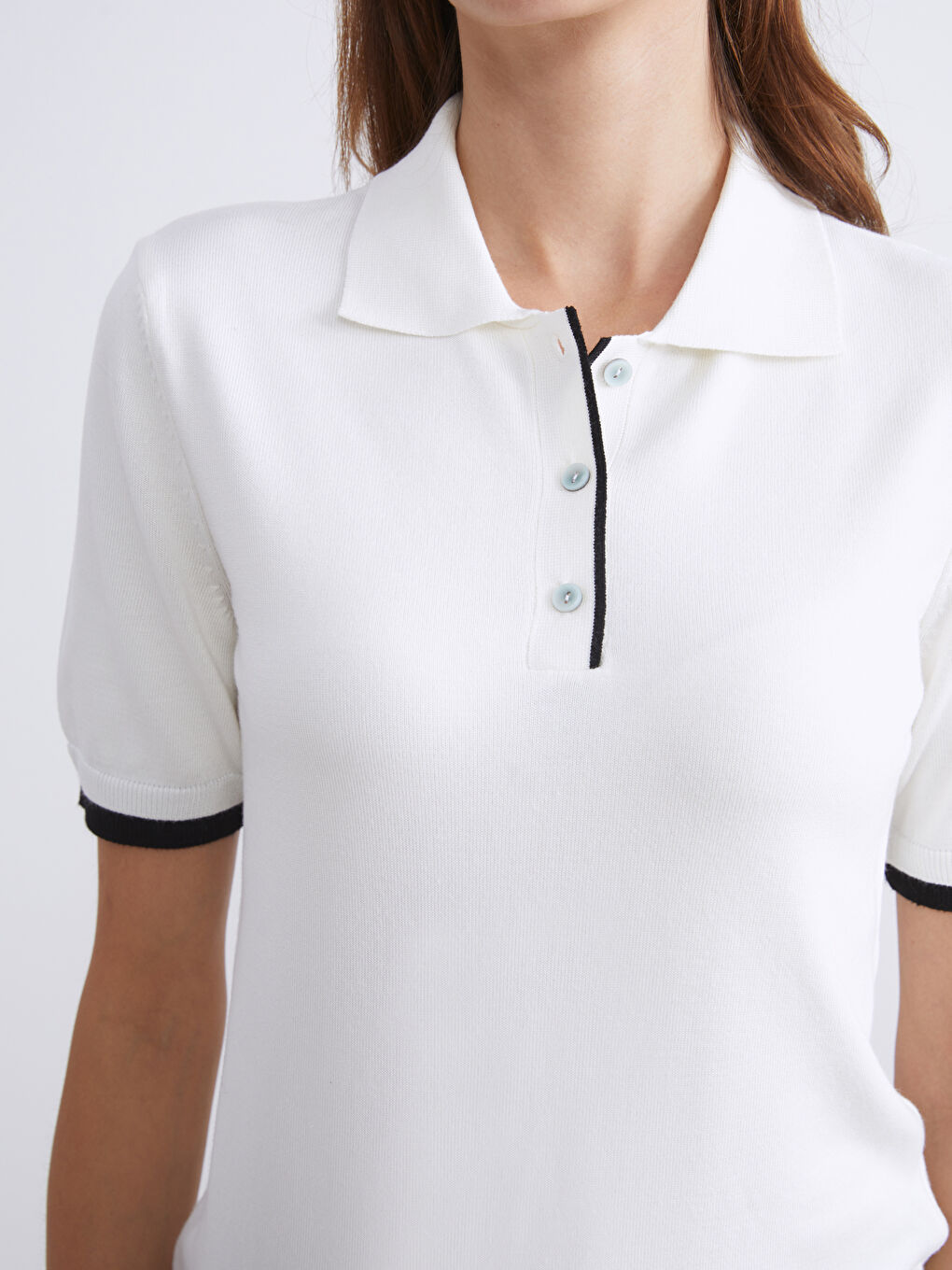 Ekru Polo Yaka Kadın Triko Kazak-2