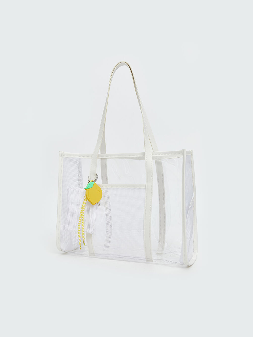 Beyaz Limon Baskılı Kadın Plaj Çantası ve Cüzdan-1