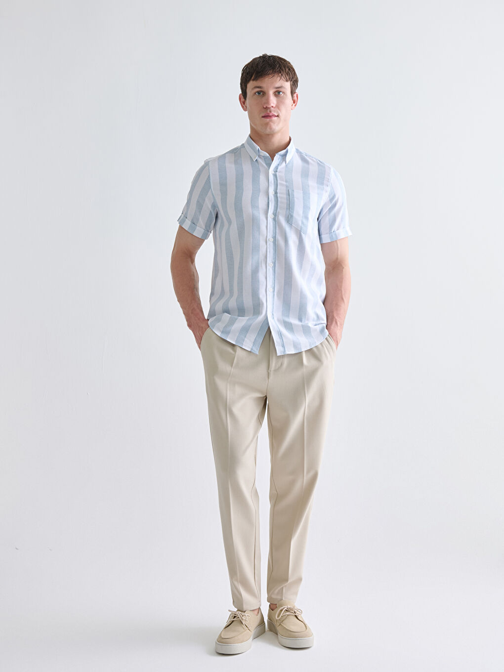 Mavi Regular Fit Kısa Kollu Çizgili Armürlü Erkek Gömlek-1