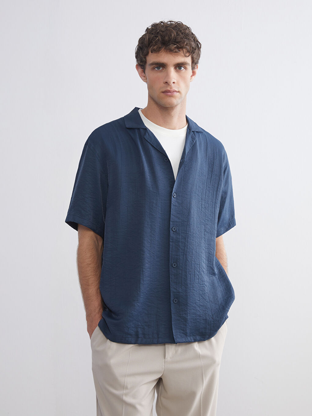 Petrol Regular Fit Resort Yaka Kısa Kollu Erkek Gömlek-5