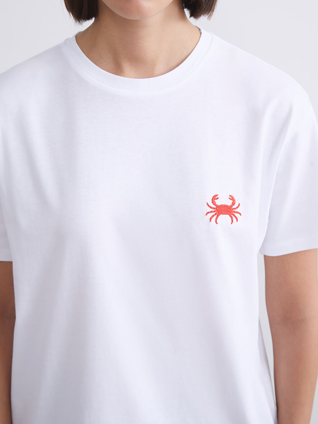 Beyaz Bisiklet Yaka Nakışlı Kadın Tişört-2