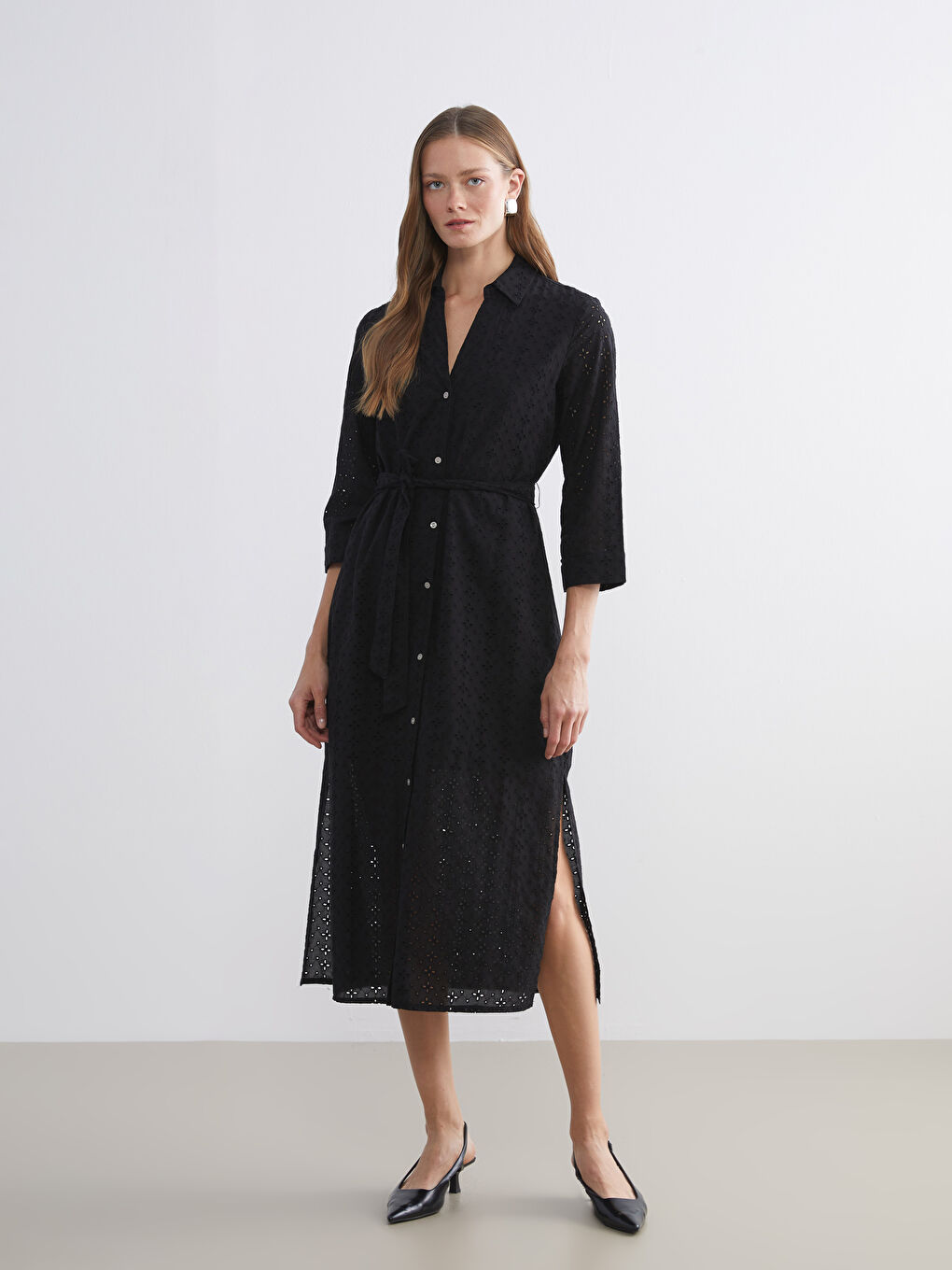 Hole-Knitted Sash Broderie Shirt Dress