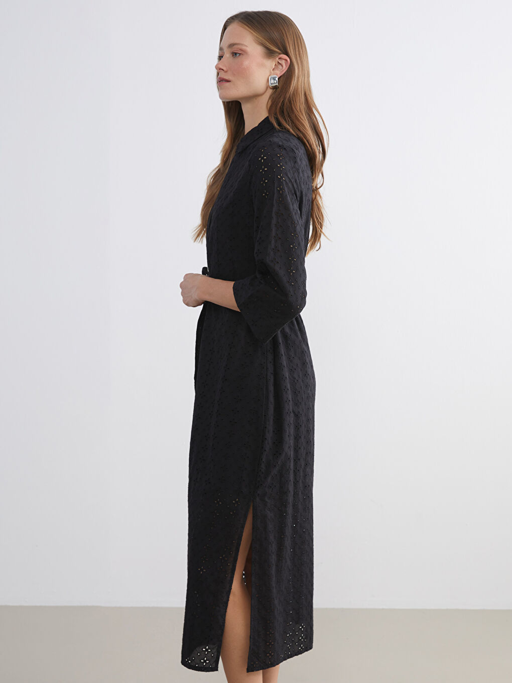 Hole-Knitted Sash Broderie Shirt Dress-1