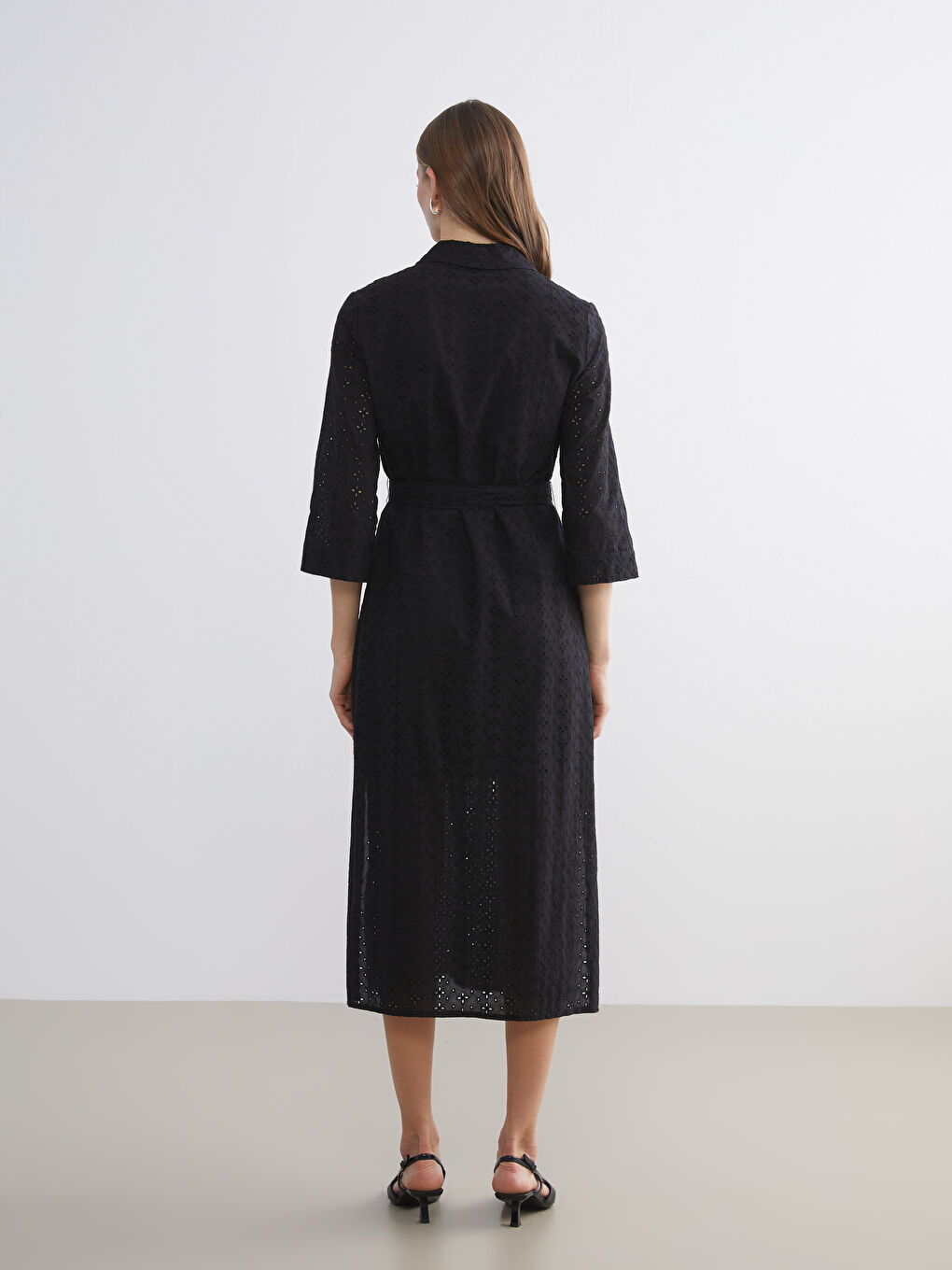 Hole-Knitted Sash Broderie Shirt Dress-3