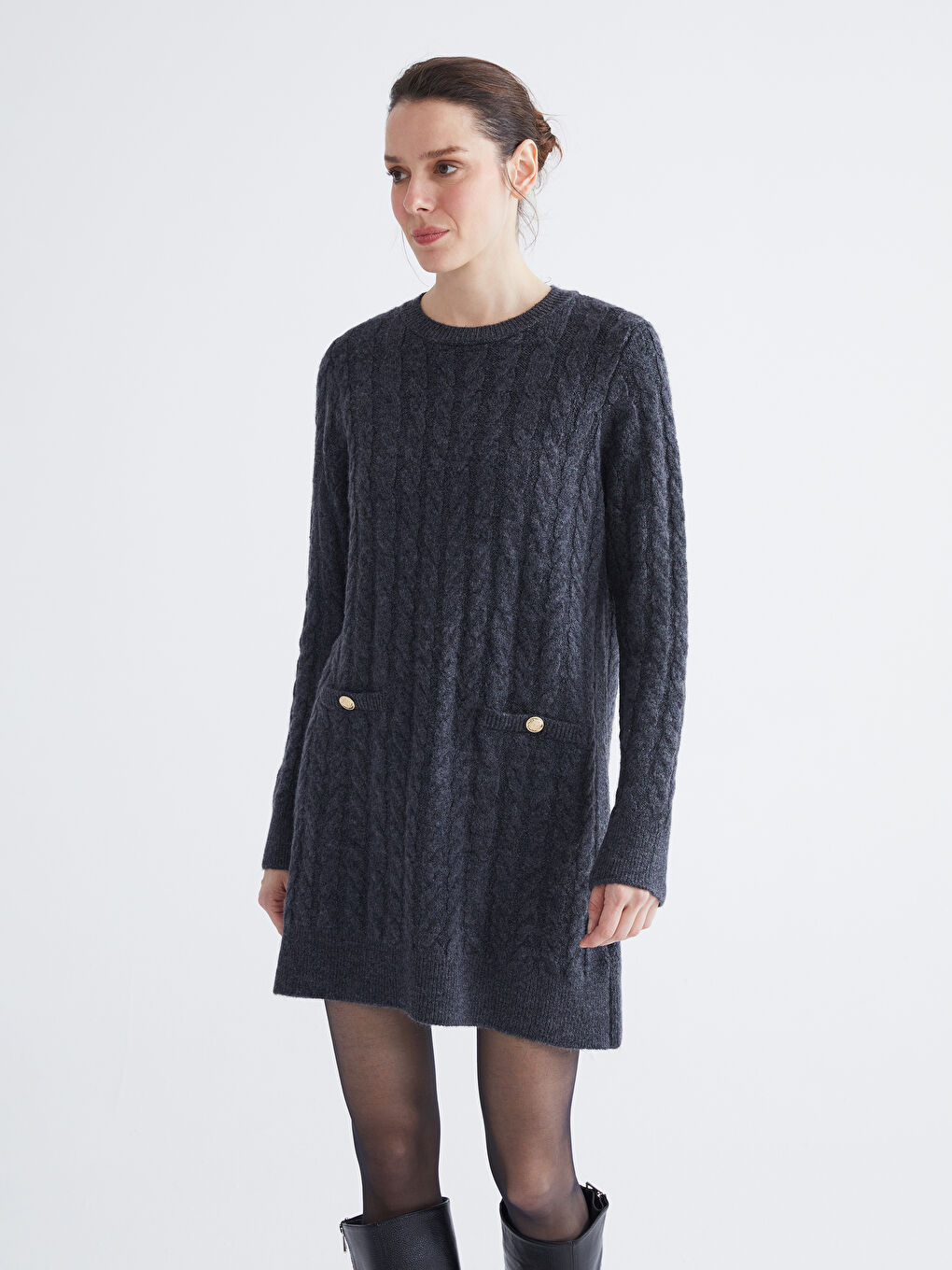 Antrasit Bisiklet Yaka Kendinden Desenli Mini Triko Elbise