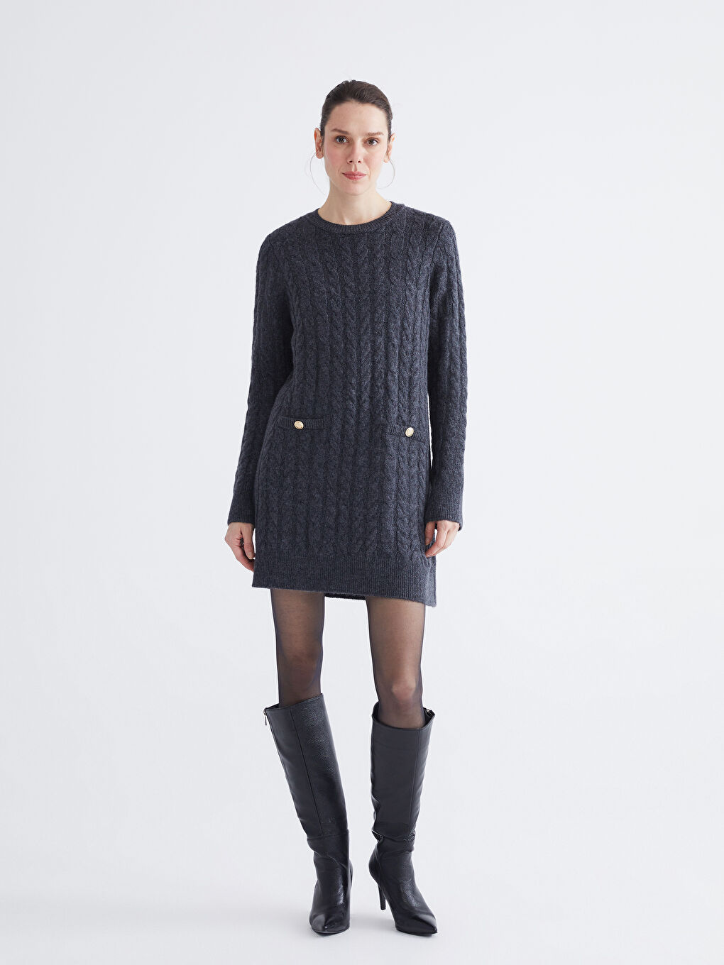 Antrasit Bisiklet Yaka Kendinden Desenli Mini Triko Elbise-1