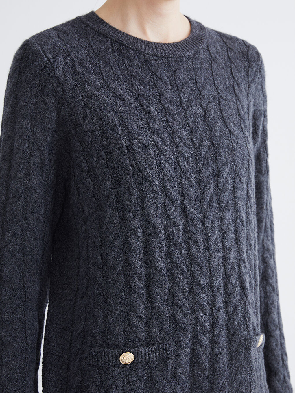 Antrasit Bisiklet Yaka Kendinden Desenli Mini Triko Elbise-2