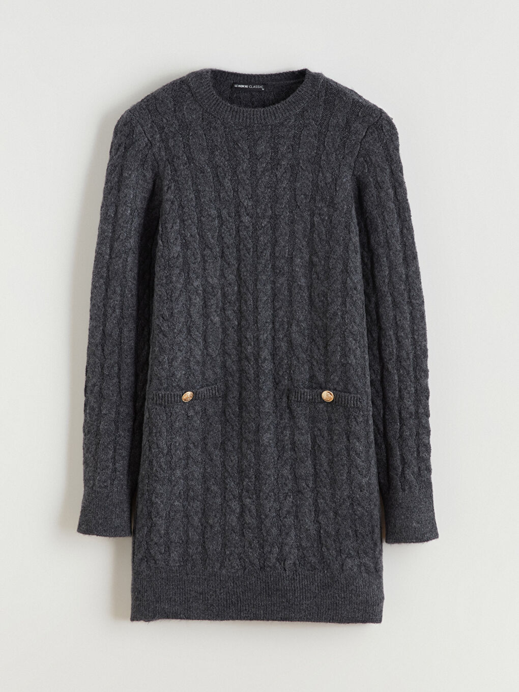 Antrasit Bisiklet Yaka Kendinden Desenli Mini Triko Elbise-4