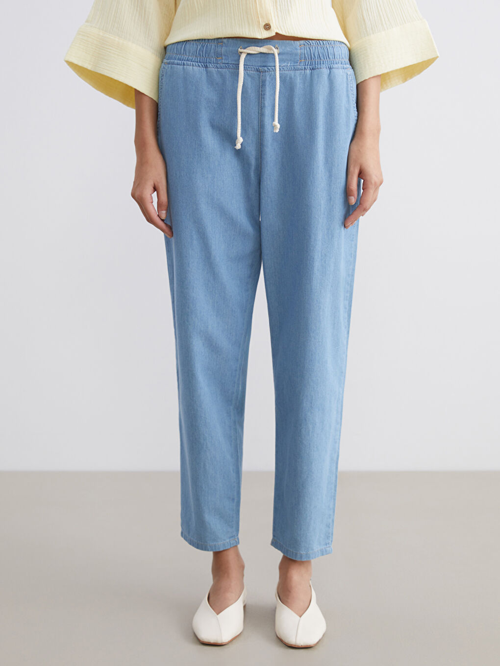 İndigo Beli Lastikli Paperbag Kadın Jean Pantolon-1