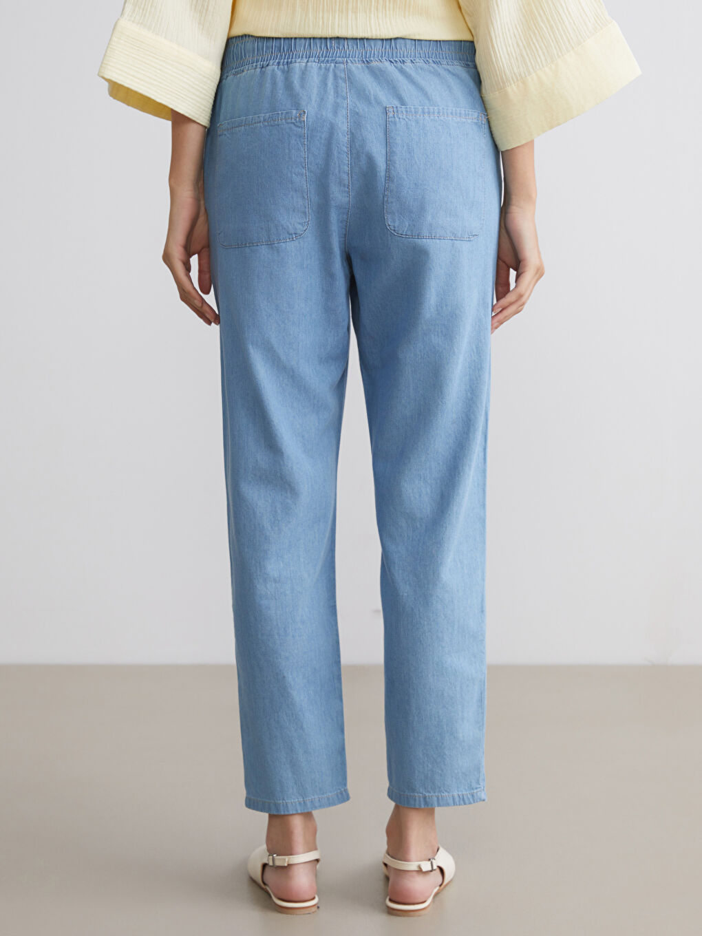 İndigo Beli Lastikli Paperbag Kadın Jean Pantolon-3