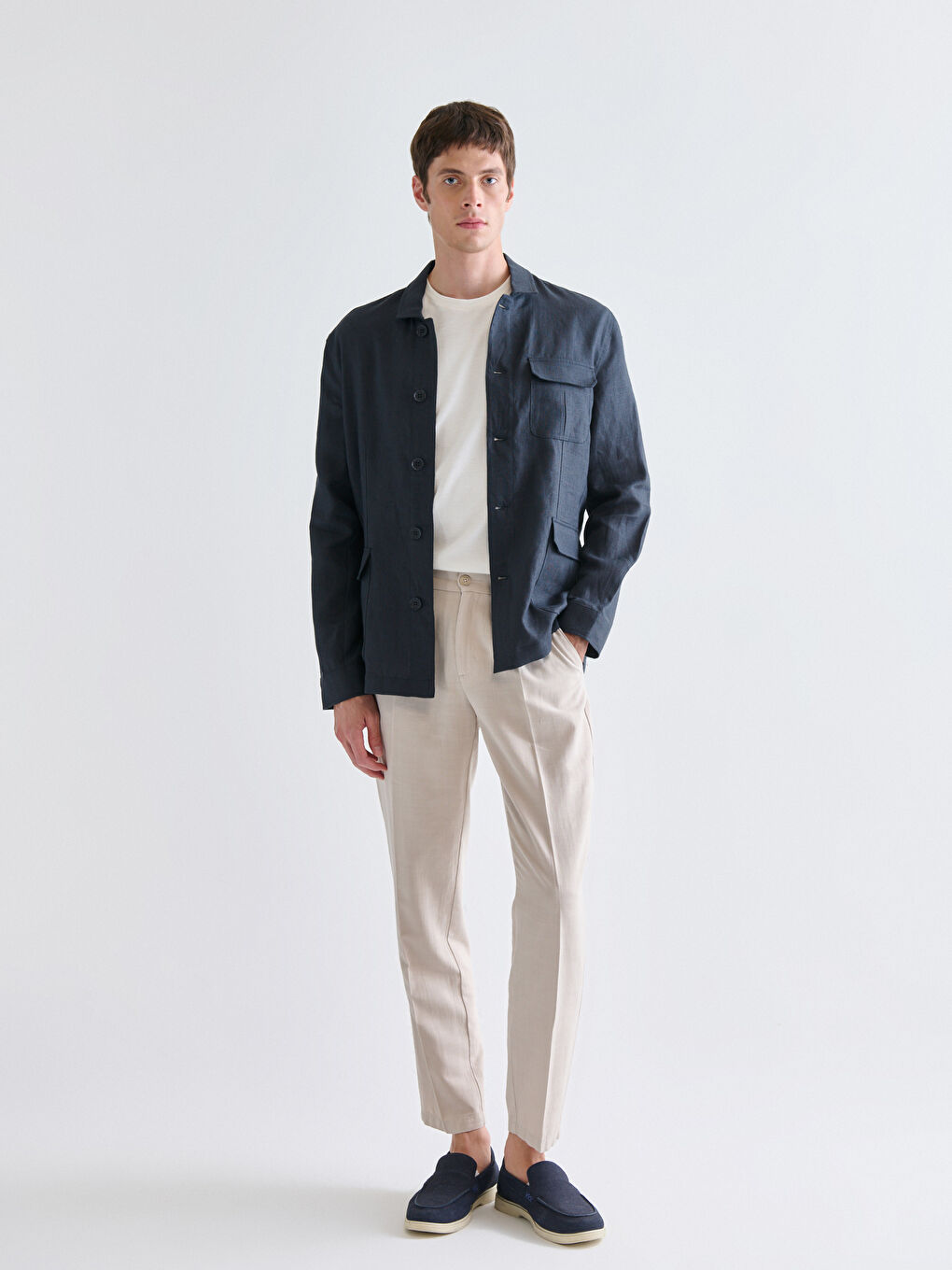 Lacivert Standart Kalıp Gömlek Yaka %100 Keten Erkek Mont-1