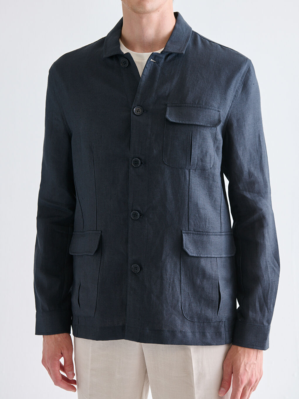 Lacivert Standart Kalıp Gömlek Yaka %100 Keten Erkek Mont-2