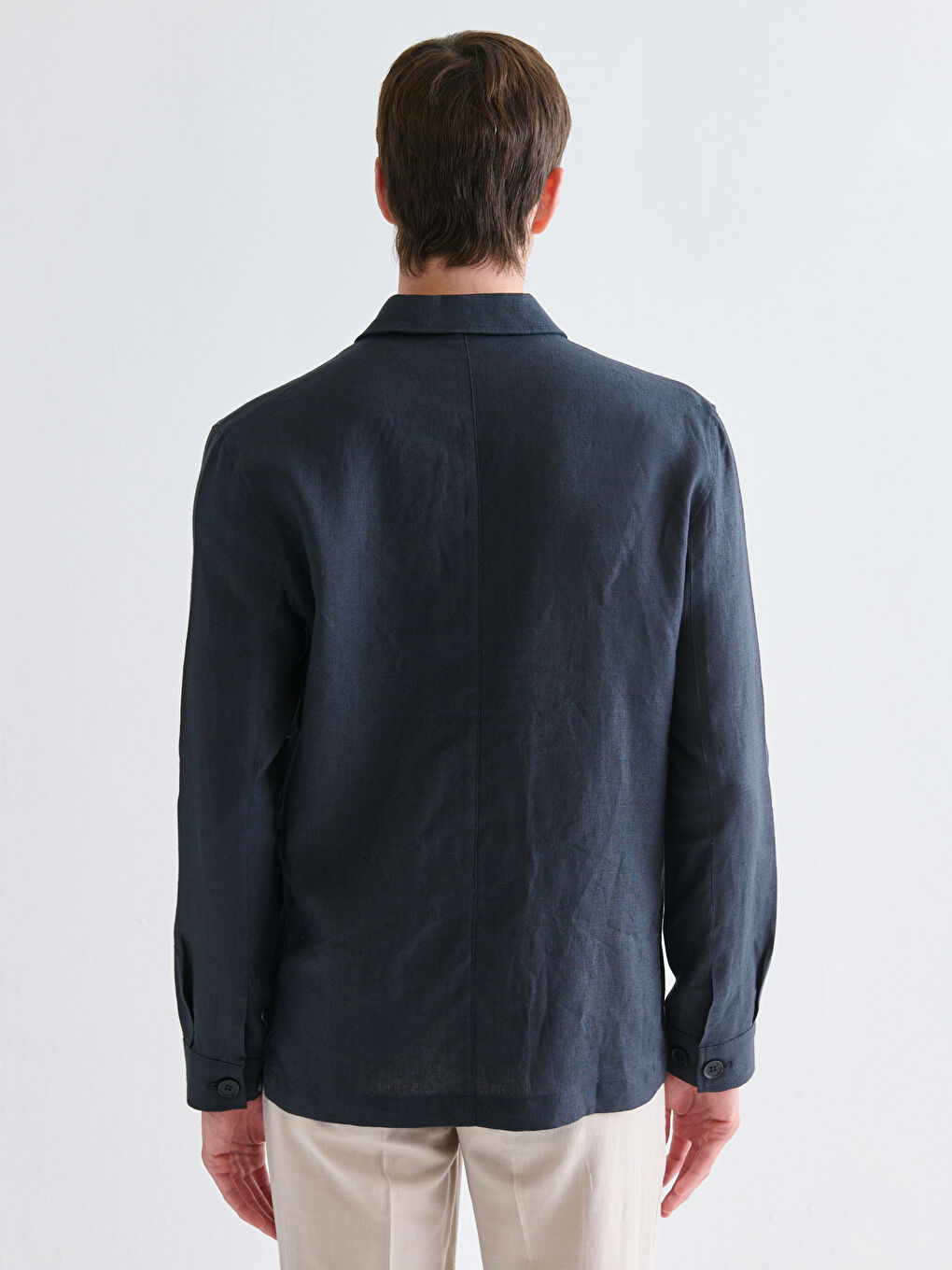 Lacivert Standart Kalıp Gömlek Yaka %100 Keten Erkek Mont-3