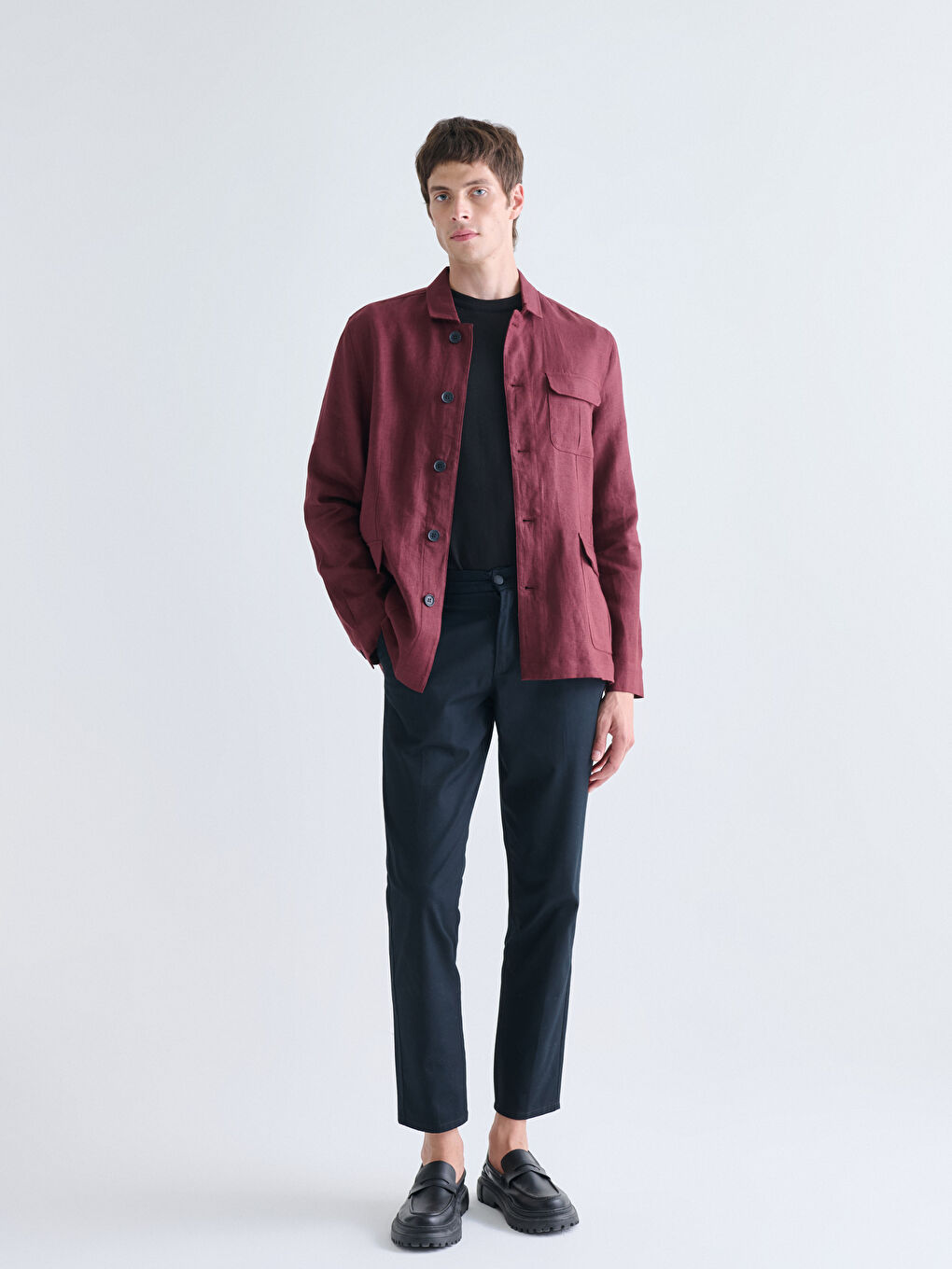 Mürdüm Standart Kalıp Gömlek Yaka %100 Keten Erkek Mont-1