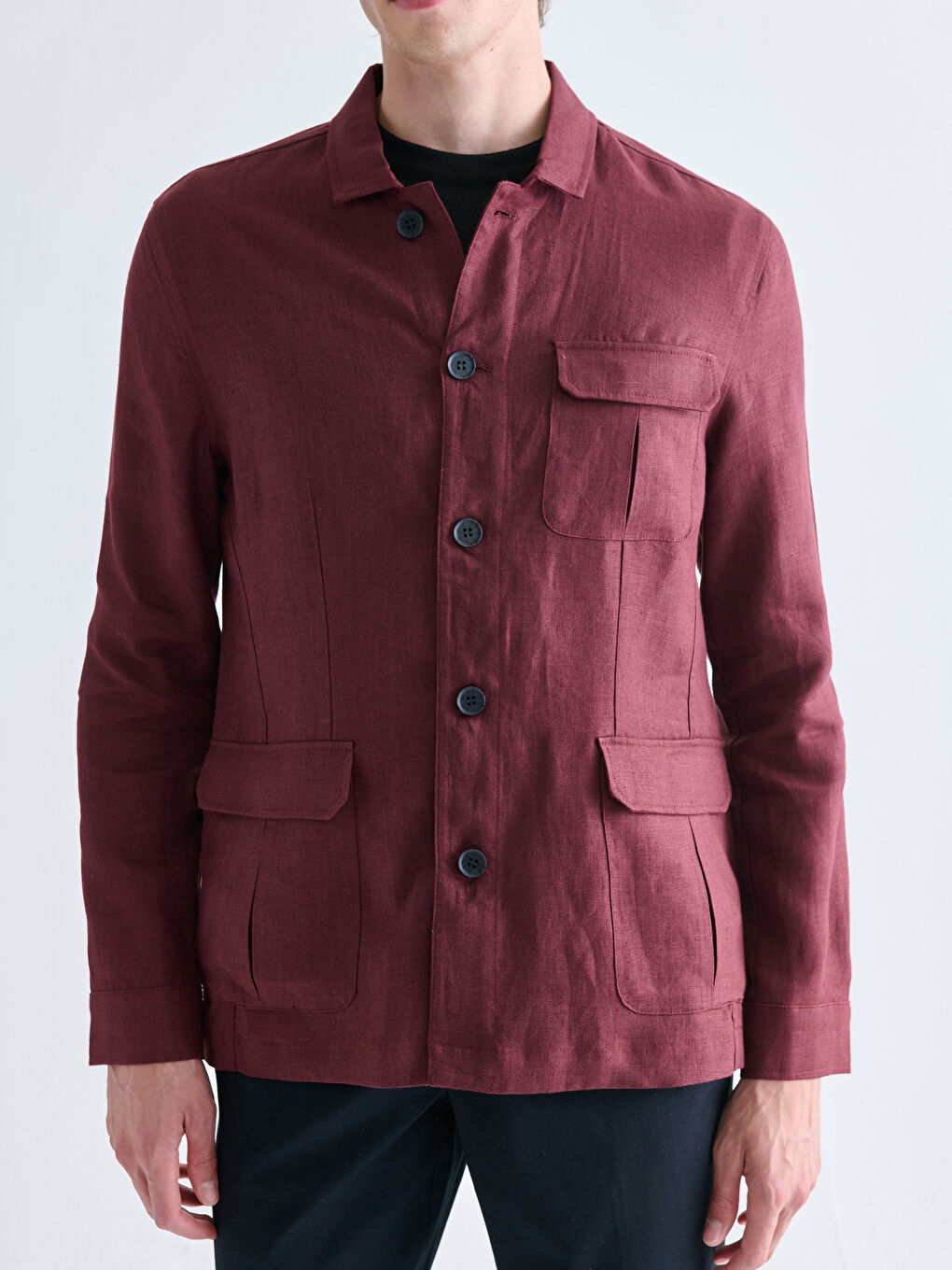 Mürdüm Standart Kalıp Gömlek Yaka %100 Keten Erkek Mont-2